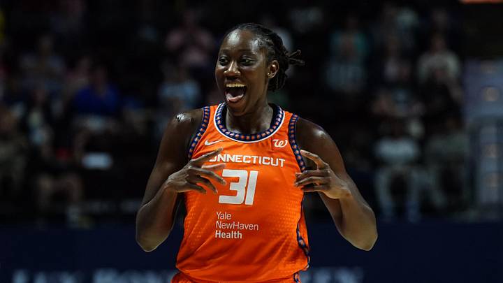 Aug 21, 2025; Uncasville, Connecticut, USA; Connecticut Sun center Tina Charles (31) reacts after his basket against the Washington Mystics in the second half at Mohegan Sun Arena. 