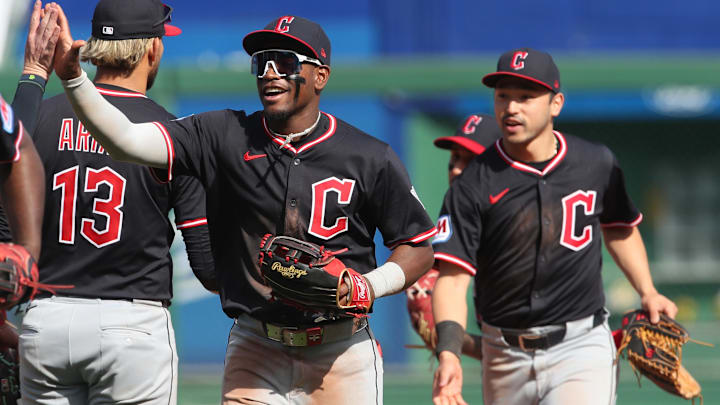 Apr 20, 2025; Pittsburgh, Pennsylvania, USA; Cleveland Guardians second baseman Gabriel Arias (13) and outfielders Angel Martinez (1) and Steven Kwan (right) celebrate after defeating the Pittsburgh Pirates in ten innings at PNC Park. Mandatory Credit: Charles LeClaire-Imagn Images Apr 20, 2025; Pittsburgh, Pennsylvania, USA; Cleveland Guardians second baseman Gabriel Arias (13) and outfielders Angel Martinez (1) and Steven Kwan (right) celebrate after defeating the Pittsburgh Pirates in ten innings at PNC Park. Mandatory Credit: Charles LeClaire-Imagn Images