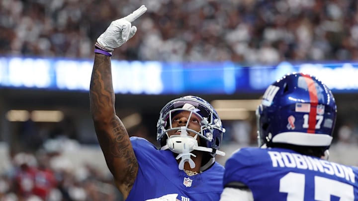 New York Giants wide receiver Malik Nabers celebrates after scoring a touchdown against the Dallas Cowboys. New York Giants wide receiver Malik Nabers celebrates after scoring a touchdown against the Dallas Cowboys.