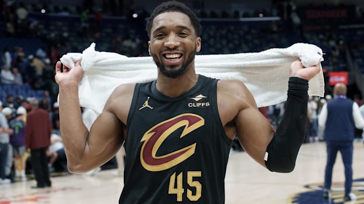 Mar 21, 2026; New Orleans, Louisiana, USA; Cleveland Cavaliers guard Donovan Mitchell (45) reacts after a game against the New Orleans Pelicans at Smoothie King Center. Mandatory Credit: Matthew Hinton-Imagn Images