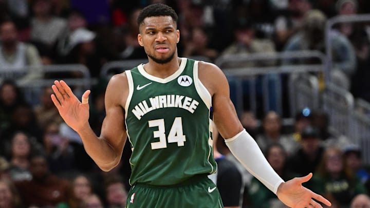 Nov 10, 2024; Milwaukee, Wisconsin, USA;  Milwaukee Bucks forward Giannis Antetokounmpo (34) reacts in the fourth quarter against the Boston Celtics at Fiserv Forum. Mandatory Credit: Benny Sieu-Imagn Images