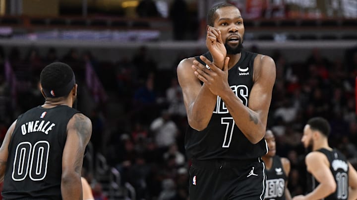 Jan 4, 2023; Chicago, Illinois, USA; Brooklyn Nets forward Kevin Durant (7) reacts after making a three-point basket in the first half against the Chicago Bulls at United Center. Mandatory Credit: Quinn Harris-Imagn Images