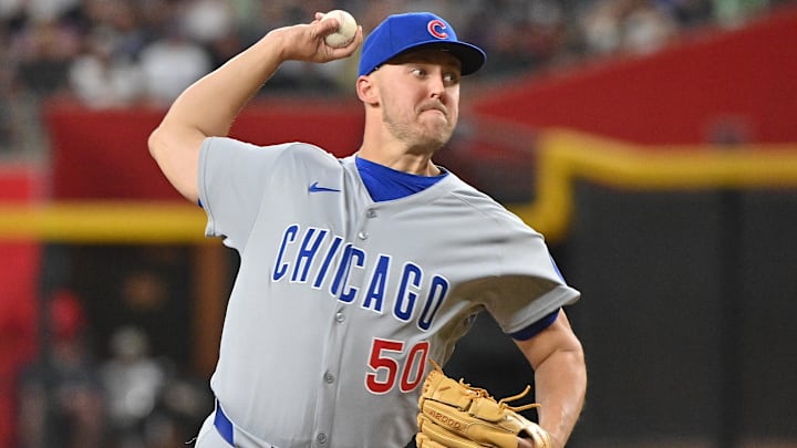 Mar 28, 2025; Phoenix, Arizona, USA;  Chicago Cubs pitcher Jameson Taillon (50) throws in the third inning against the Arizona Diamondbacks at Chase Field