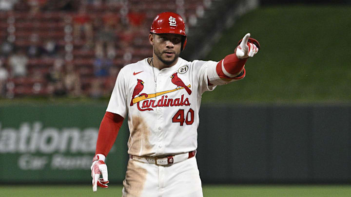 Sep 15, 2025; St. Louis, Missouri, USA; St. Louis Cardinals first baseman Willson Contreras (40) celebrates after hitting a RBI single against the Cincinnati Reds in the sixth inning at Busch Stadium. Mandatory Credit: Joe Puetz-Imagn Images