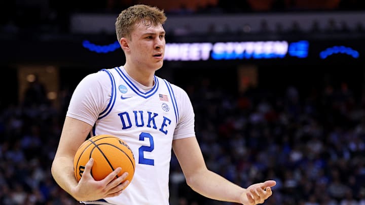 Mar 27, 2025; Newark, NJ, USA; Duke Blue Devils forward Cooper Flagg (2) reacts after a play during the first half against the Arizona Wildcats during an East Regional semifinal of the 2025 NCAA tournament at Prudential Center. Mandatory Credit: Vincent Carchietta-Imagn Images