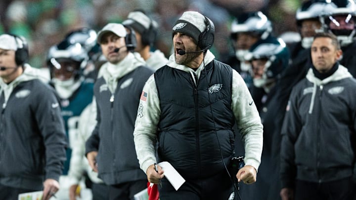 Nov 14, 2024; Philadelphia, Pennsylvania, USA; Philadelphia Eagles head coach Nick Sirianni reacts to a play in the third quarter of a game against the Washington Commanders at Lincoln Financial Field. Mandatory Credit: Bill Streicher-Imagn Images