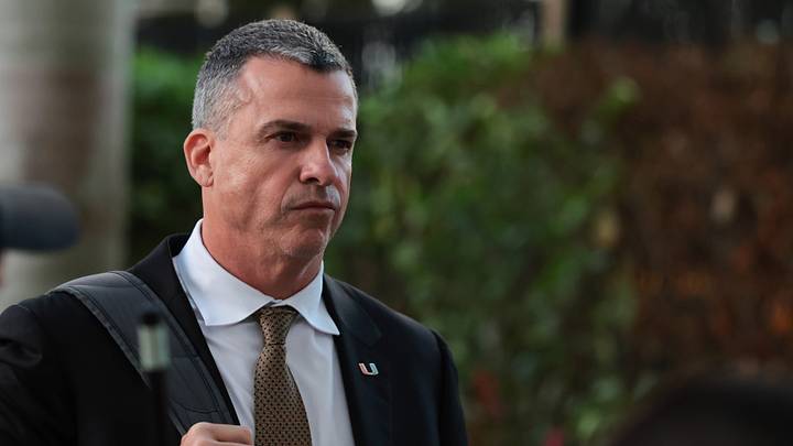 Jan 19, 2026; Miami Gardens, FL, USA; Miami Hurricanes head coach Mario Cristobal arrives prior to the College Football Playoff National Championship game against the Indiana Hoosiers at Hard Rock Stadium. Mandatory Credit: Sam Navarro-Imagn Images