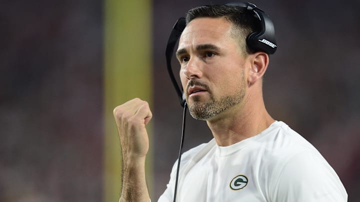 Green Bay Packers head coach Matt LaFleur reacts against the Arizona Cardinals during the first half at State Farm Stadium.