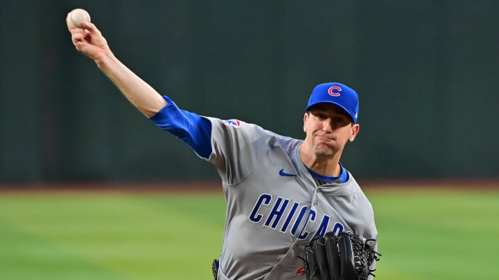 Apr 16, 2024; Phoenix, Arizona, USA; Chicago Cubs pitcher Kyle Hendricks (28) throws Apr 16, 2024; Phoenix, Arizona, USA; Chicago Cubs pitcher Kyle Hendricks (28) throws