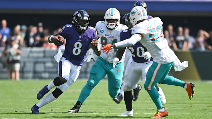 Sep 18, 2022; Baltimore, Maryland, USA; Baltimore Ravens quarterback Lamar Jackson (8) runs during the first half against the Miami Dolphins at M&T Bank Stadium. Mandatory Credit: Tommy Gilligan-Imagn Images Sep 18, 2022; Baltimore, Maryland, USA; Baltimore Ravens quarterback Lamar Jackson (8) runs during the first half against the Miami Dolphins at M&T Bank Stadium. Mandatory Credit: Tommy Gilligan-Imagn Images