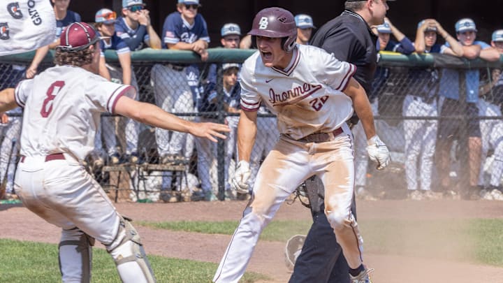 Don Bosco’s Nick Becker jumps into arms of Chase Bagley (8) after sliding into home with the winning run. Don Bosco Prep defeats Christian Brothers Academy, 5-4, in an 11-inning game for Non-Public A baseball title at Veterans Park in Hamilton, NJ on June 12, 2025. This game began on June 11 and was completed on June 12. It was suspended with a 4-4 tie at the end of eight innings due to township rules about park lights. Don Bosco’s Nick Becker jumps into arms of Chase Bagley (8) after sliding into home with the winning run. Don Bosco Prep defeats Christian Brothers Academy, 5-4, in an 11-inning game for Non-Public A baseball title at Veterans Park in Hamilton, NJ on June 12, 2025. This game began on June 11 and was completed on June 12. It was suspended with a 4-4 tie at the end of eight innings due to township rules about park lights.