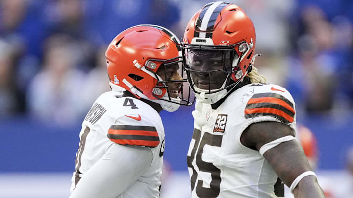 Oct 22, 2023; Indianapolis, Indiana, USA; Cleveland Browns quarterback Deshaun Watson (4) and Cleveland Browns tight end David Njoku (85) react after a touchdown during a game against the Indianapolis Colts at Lucas Oil Stadium. Mandatory Credit: Bob Scheer-Imagn Images