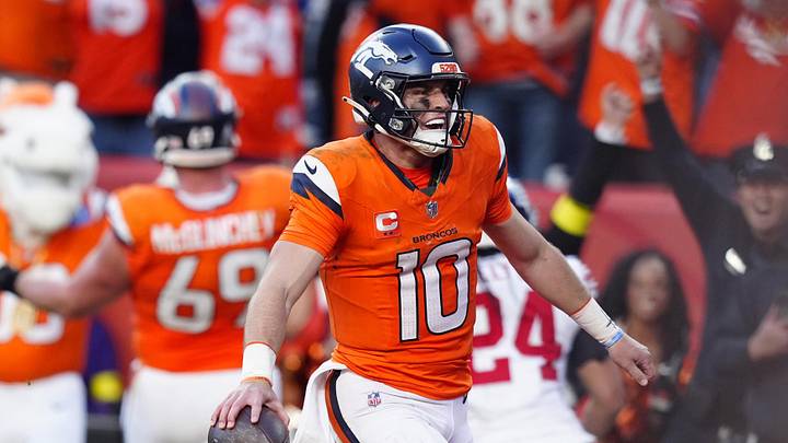 Oct 19, 2025; Denver, Colorado, USA; Denver Broncos quarterback Bo Nix (10) celebrates after play during the second half against the New York Giants at Empower Field at Mile High. Oct 19, 2025; Denver, Colorado, USA; Denver Broncos quarterback Bo Nix (10) celebrates after play during the second half against the New York Giants at Empower Field at Mile High.