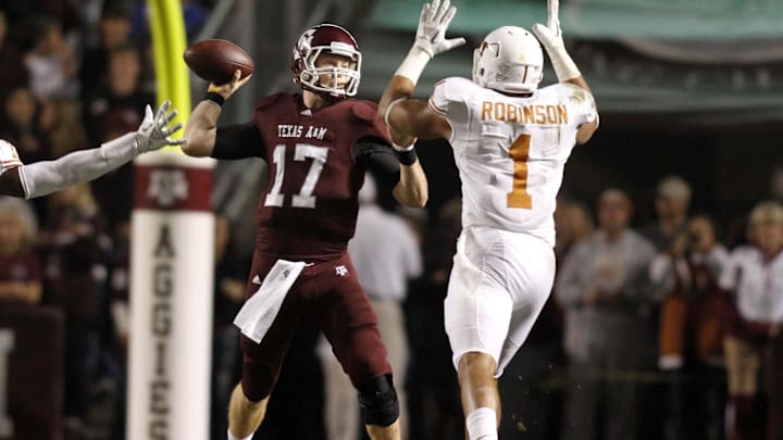 Nov 24, 2011; College Station, TX, USA; Texas A&M Aggies quarterback Ryan Tannehill (17) throws a pass against the Texas Longhorns in the first quarter at Kyle Field. Mandatory Credit: Brett Davis-Imagn Images