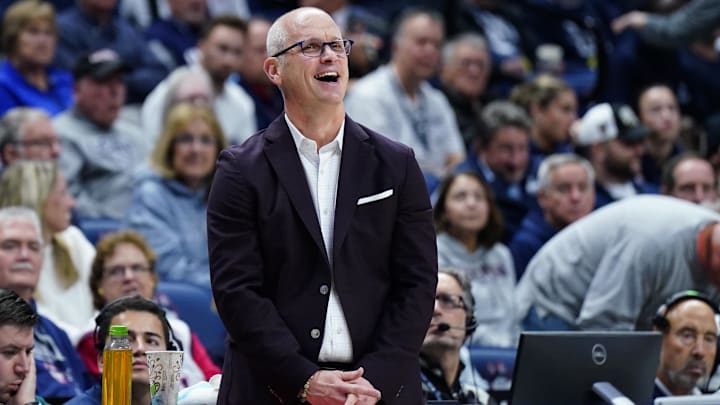 Nov 10, 2025; Storrs, Connecticut, USA; UConn Huskies head coach Dan Hurley watches from the sideline as they take on the Columbia Lions at Harry A. Gampel Pavilion. Mandatory Credit: David Butler II-Imagn Images