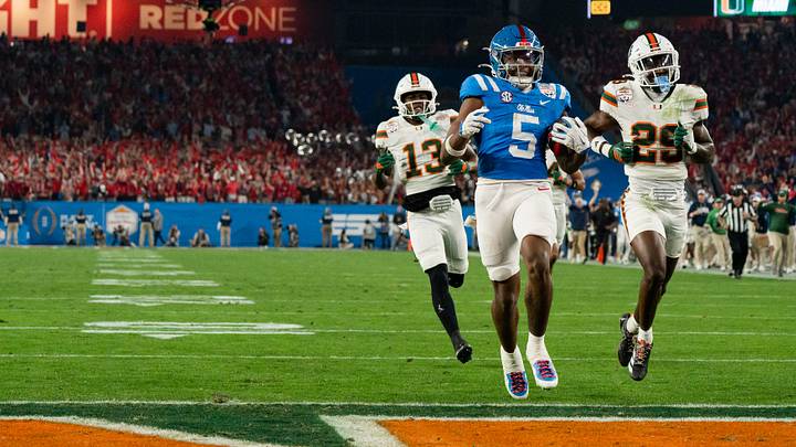Ole Miss running back Kewan Lacy (5) scores a touchdown during the CFP Fiesta Bowl against Miami at the State Farm Stadium, in Glendale, Ariz., on Thursday, Jan. 8, 2026. Ole Miss running back Kewan Lacy (5) scores a touchdown during the CFP Fiesta Bowl against Miami at the State Farm Stadium, in Glendale, Ariz., on Thursday, Jan. 8, 2026.