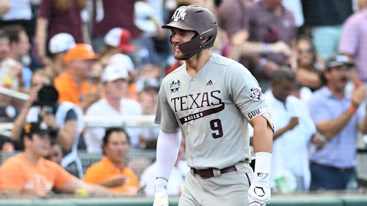 Texas A&M Aggies third baseman Gavin Grahovac (9) celebrates after hitting a home run against the Tennessee Volunteers during the first inning at Charles Schwab Field Omaha. Texas A&M Aggies third baseman Gavin Grahovac (9) celebrates after hitting a home run against the Tennessee Volunteers during the first inning at Charles Schwab Field Omaha.