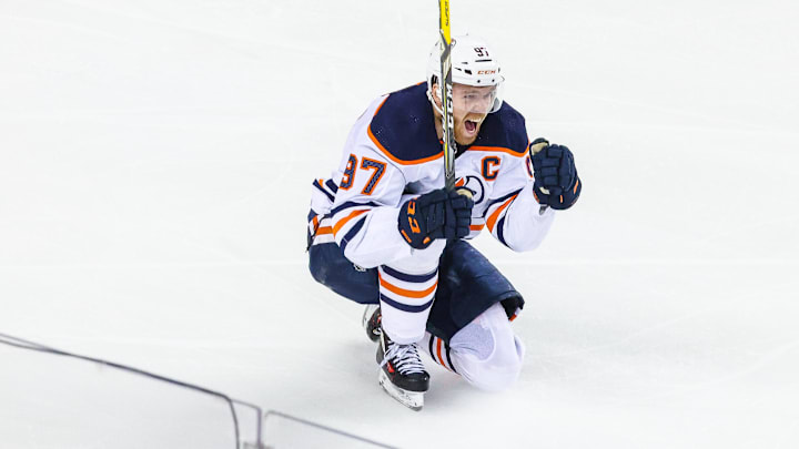 Edmonton Oilers center Connor McDavid (97) celebrates his goal