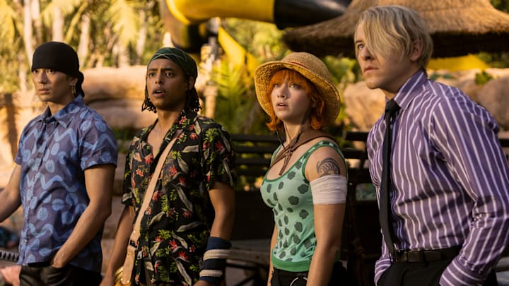 (L to R) Mackenyu Arata as Roronoa Zoro, Jacob Romero Gibson as Usopp, Emily Rudd as Nami, Taz Skylar as Sanji in season 1 of One Piece