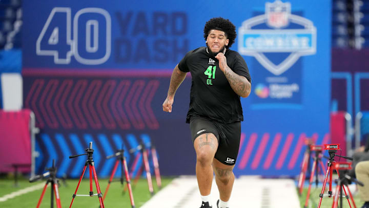 Mar 1, 2026; Indianapolis, IN, USA; Alabama offensive lineman Kadyn Proctor (OL41) during the NFL Scouting Combine at Lucas Oil Stadium. Mandatory Credit: Kirby Lee-Imagn Images Mar 1, 2026; Indianapolis, IN, USA; Alabama offensive lineman Kadyn Proctor (OL41) during the NFL Scouting Combine at Lucas Oil Stadium. Mandatory Credit: Kirby Lee-Imagn Images
