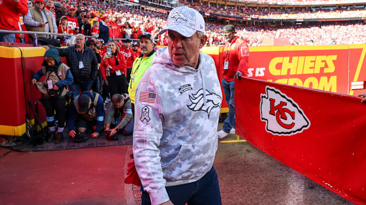 November 10, 2024: Denver Broncos head coach Sean Payton enters the field before a game against the Kansas City Chiefs at GEHA Field at Arrowhead Stadium in Kansas City, MO. 