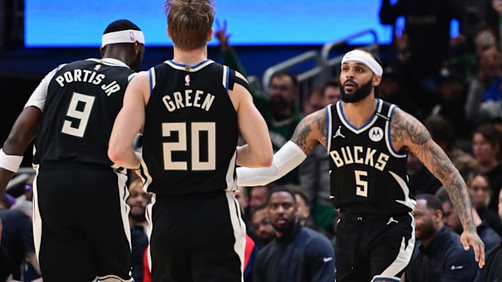 Apr 10, 2025; Milwaukee, Wisconsin, USA; Milwaukee Bucks guard Gary Trent Jr. (5) celebrates with forward Bobby Portis (9) in the second quarter against the New Orleans Pelicans at Fiserv Forum. Mandatory Credit: Benny Sieu-Imagn Images Apr 10, 2025; Milwaukee, Wisconsin, USA; Milwaukee Bucks guard Gary Trent Jr. (5) celebrates with forward Bobby Portis (9) in the second quarter against the New Orleans Pelicans at Fiserv Forum. Mandatory Credit: Benny Sieu-Imagn Images