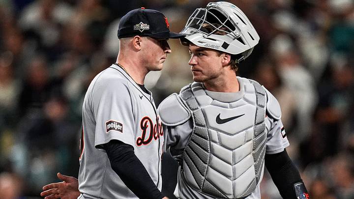 Tigers pitcher Tarik Skubal talks to catcher Dillion Dingler after throwing the fourth inning against Mariners at ALDS Game 5 at T-Mobile Park in Seattle on Friday, Oct. 10, 2025.