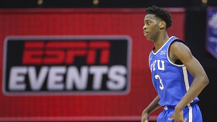 Nov 28, 2025; Kissimmee, FL, USA; Brigham Young University Cougars forward AJ Dybantsa (3) reacts after making a three point basket against the Dayton Flyers in the second half during the ESPN Events Invitational at State Farm Field House. Mandatory Credit: Nathan Ray Seebeck-Imagn Images