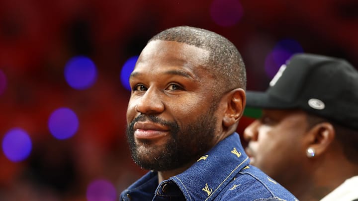 Oct 8, 2025; Phoenix, Arizona, USA; Professional boxer Floyd Mayweather attends the game between the Las Vegas Aces and the Phoenix Mercury for game three of the 2025 WNBA Finals at PHX Arena. Mandatory Credit: Mark J. Rebilas-Imagn Images