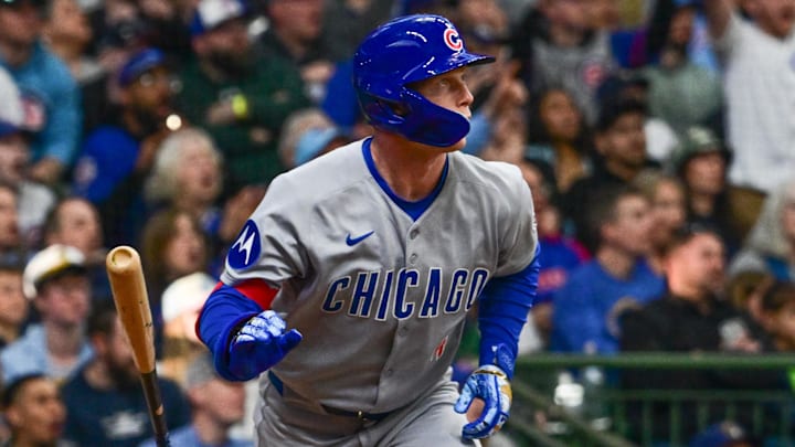 May 3, 2025; Milwaukee, Wisconsin, USA; Chicago Cubs center fielder Pete Crow-Armstrong (4) watches after hitting a 3-run home run against the Milwaukee Brewers in the fourth inning at American Family Field. 