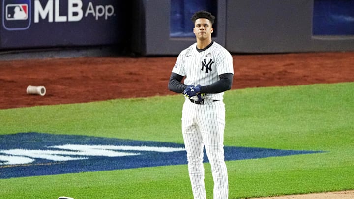Oct 28, 2024; New York, New York, USA; New York Yankees outfielder Juan Soto (22) reacts after grounding out during the third inning against the Los Angeles Dodgers in game three of the 2024 MLB World Series at Yankee Stadium. Mandatory Credit: Robert Deutsch-Imagn Images