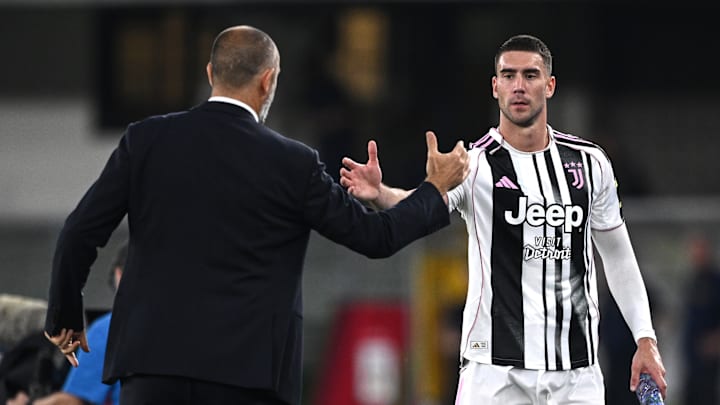 Igor Tudor, left, has faith in the all round skills of striker Dusan Vlahovic at Juventus