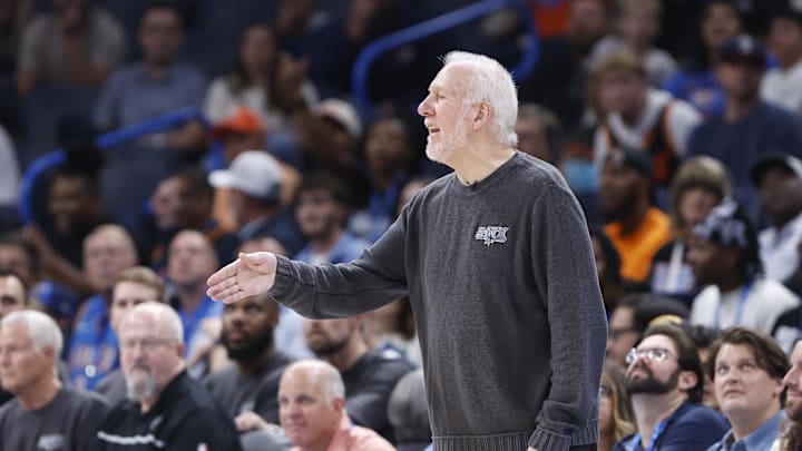 Oct 30, 2024; Oklahoma City, Oklahoma, USA; San Antonio Spurs head coach Gregg Popovich gestures during the second half against the Oklahoma City Thunder at Paycom Center. Mandatory Credit: Alonzo Adams-Imagn Images