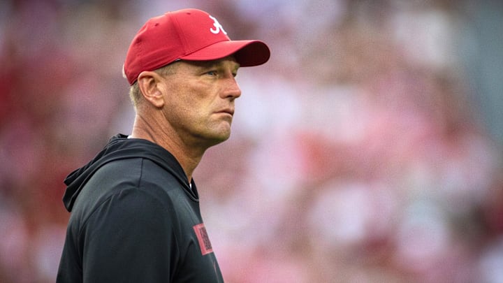 Sep 28, 2024; Tuscaloosa, Alabama, USA; Alabama Crimson Tide head coach Kalen DeBoer watches warm ups on the field before a game against the Georgia Bulldogs at Bryant-Denny Stadium. Mandatory Credit: Will McLelland-Imagn Images Sep 28, 2024; Tuscaloosa, Alabama, USA; Alabama Crimson Tide head coach Kalen DeBoer watches warm ups on the field before a game against the Georgia Bulldogs at Bryant-Denny Stadium. Mandatory Credit: Will McLelland-Imagn Images