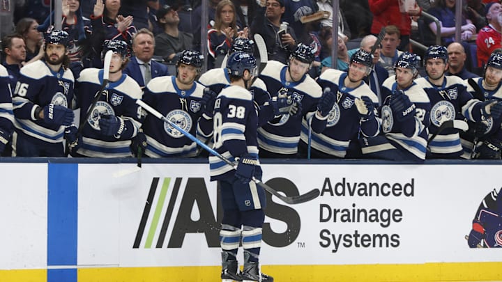 Apr 14, 2026; Columbus, Ohio, USA; Columbus Blue Jackets center Boone Jenner (38) celebrates after scoring a goal against the Washington Capitals during the second period at Nationwide Arena. Mandatory Credit: Russell LaBounty-Imagn Images Apr 14, 2026; Columbus, Ohio, USA; Columbus Blue Jackets center Boone Jenner (38) celebrates after scoring a goal against the Washington Capitals during the second period at Nationwide Arena. Mandatory Credit: Russell LaBounty-Imagn Images