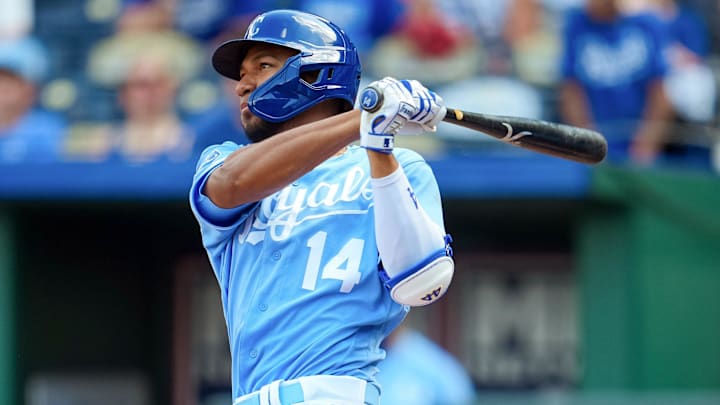 Sep 4, 2023; Kansas City, Missouri, USA; Kansas City Royals left fielder Edward Olivares (14) hits a