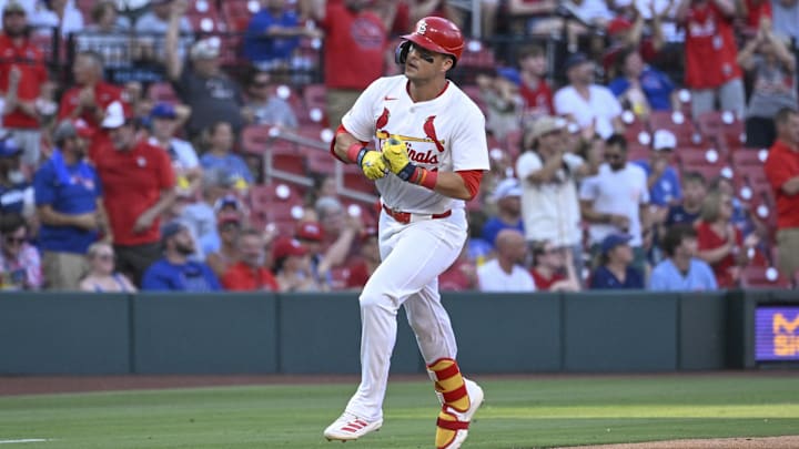 Jun 23, 2025; St. Louis, Missouri, USA; St. Louis Cardinals left fielder Lars Nootbaar (21) celebrates after hitting a two-run home run against the Chicago Cubs in the fourth inning at Busch Stadium. Mandatory Credit: Joe Puetz-Imagn Images