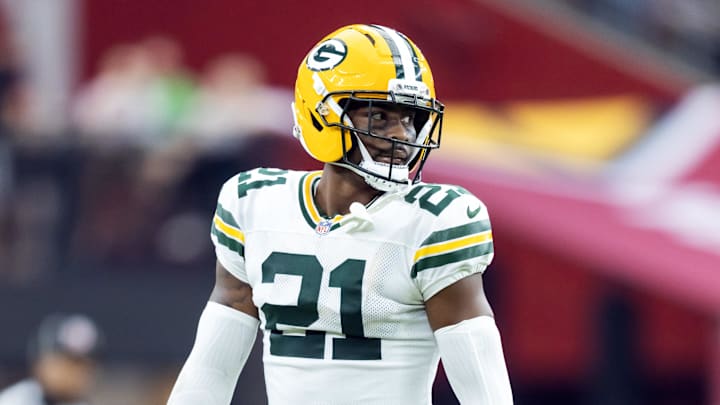 Oct 19, 2025; Glendale, Arizona, USA; Green Bay Packers cornerback Nate Hobbs (21) against the Arizona Cardinals at State Farm Stadium. Mandatory Credit: Mark J. Rebilas-Imagn Images