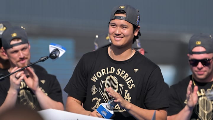 Nov 3, 2025; Los Angeles, CA, USA; Los Angeles Dodgers designated hitter Shohei Ohtani (17) during the World Series celebration at Dodger Stadium. Mandatory Credit: Jayne Kamin-Oncea-Imagn Images