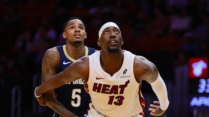 Miami Heat center Bam Adebayo (13) and New Orleans Pelicans guard Dejounte Murray (5) during the second quarter at Kaseya Center. 