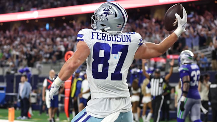 Dallas Cowboys TE Jake Ferguson celebrates after a touchdown catch during the second half against the Seattle Seahawks.