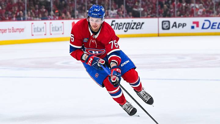 May 16, 2026; Montreal, Quebec, CAN; Montreal Canadiens right wing Zachary Bolduc (76) plays the puck against the Buffalo Sabres during the first period in game six of the second round of the 2026 Stanley Cup Playoffs at Bell Centre. Mandatory Credit: David Kirouac-Imagn Images