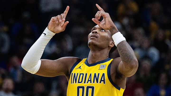 Jan 10, 2025; Indianapolis, Indiana, USA; Indiana Pacers guard Bennedict Mathurin (00) celebrates a basket in the first half Golden State Warriors at Gainbridge Fieldhouse. Mandatory Credit: Trevor Ruszkowski-Imagn Images