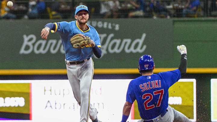 Sep 29, 2023; Milwaukee, Wisconsin, USA; Milwaukee Brewers second baseman Brice Turang (2) completes