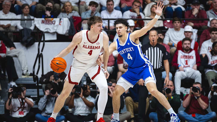 Feb 22, 2025; Tuscaloosa, Alabama, USA; Alabama Crimson Tide forward Grant Nelson (4) works against Kentucky Wildcats guard Koby Brea (4) during the second half at Coleman Coliseum. Mandatory Credit: Will McLelland-Imagn Images Feb 22, 2025; Tuscaloosa, Alabama, USA; Alabama Crimson Tide forward Grant Nelson (4) works against Kentucky Wildcats guard Koby Brea (4) during the second half at Coleman Coliseum. Mandatory Credit: Will McLelland-Imagn Images
