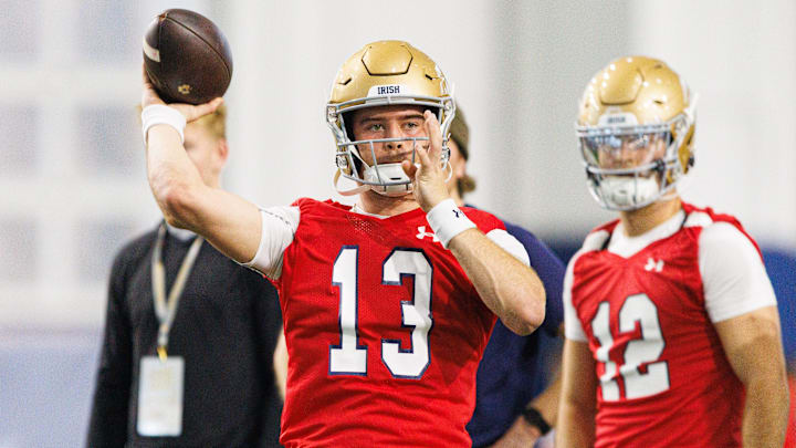 Quarterback CJ Carr (13) during a Notre Dame football practice at Irish Athletic Center on Friday, March 20, 2026, in South Bend.