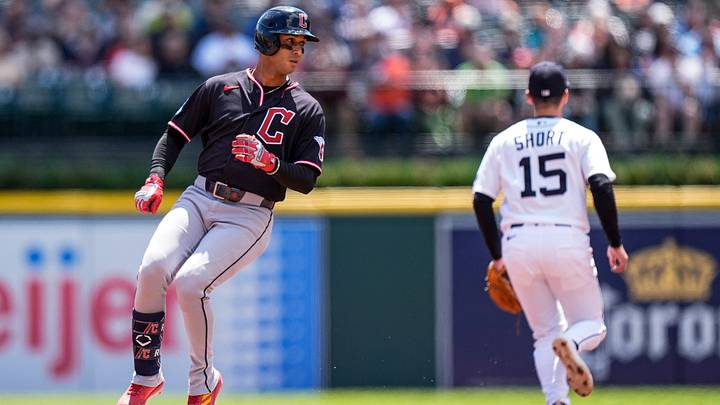 Cleveland Guardians shortstop Brayan Rocchio (4) bats a double against Detroit Tigers during the fifth inning at Comerica Park in Detroit on Thursday, May 21, 2026.