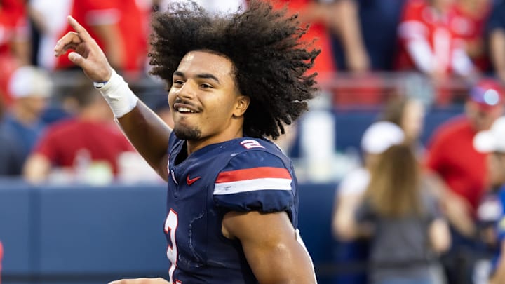 Nov 8, 2025; Tucson, Arizona, USA; Arizona Wildcats defensive back Treydan Stukes (2) celebrates after defeating the Kansas Jayhawks at Arizona Stadium. Mandatory Credit: Mark J. Rebilas-Imagn Images