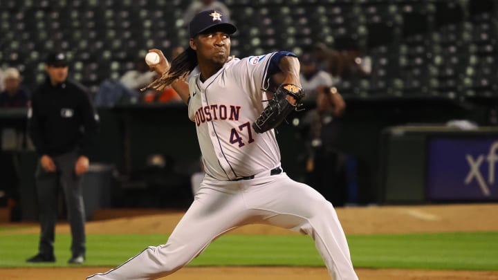 Jul 22, 2024; Oakland, California, USA; Houston Astros relief pitcher Rafael Montero (47) pitches the ball against the Oakland Athletics during the eighth inning at Oakland-Alameda County Coliseum