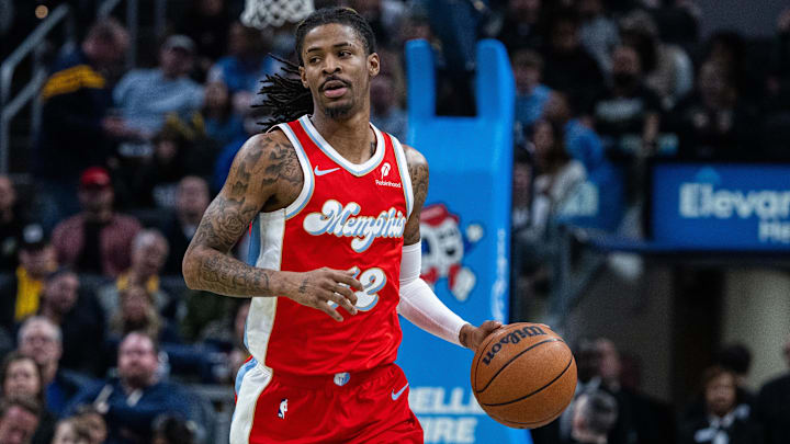 Feb 20, 2025; Indianapolis, Indiana, USA; Memphis Grizzlies guard Ja Morant (12) dribbles the ball in the first half against the Indiana Pacers at Gainbridge Fieldhouse. Mandatory Credit: Trevor Ruszkowski-Imagn Images Feb 20, 2025; Indianapolis, Indiana, USA; Memphis Grizzlies guard Ja Morant (12) dribbles the ball in the first half against the Indiana Pacers at Gainbridge Fieldhouse. Mandatory Credit: Trevor Ruszkowski-Imagn Images